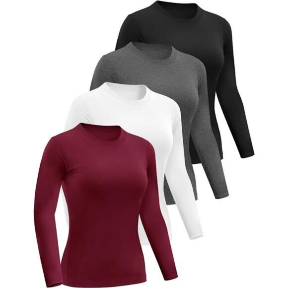 4 Pack Women’s Long Sleeve Basic Shirts Crew Neck Slim Fitted Compression Gym - Picture 1 of 7